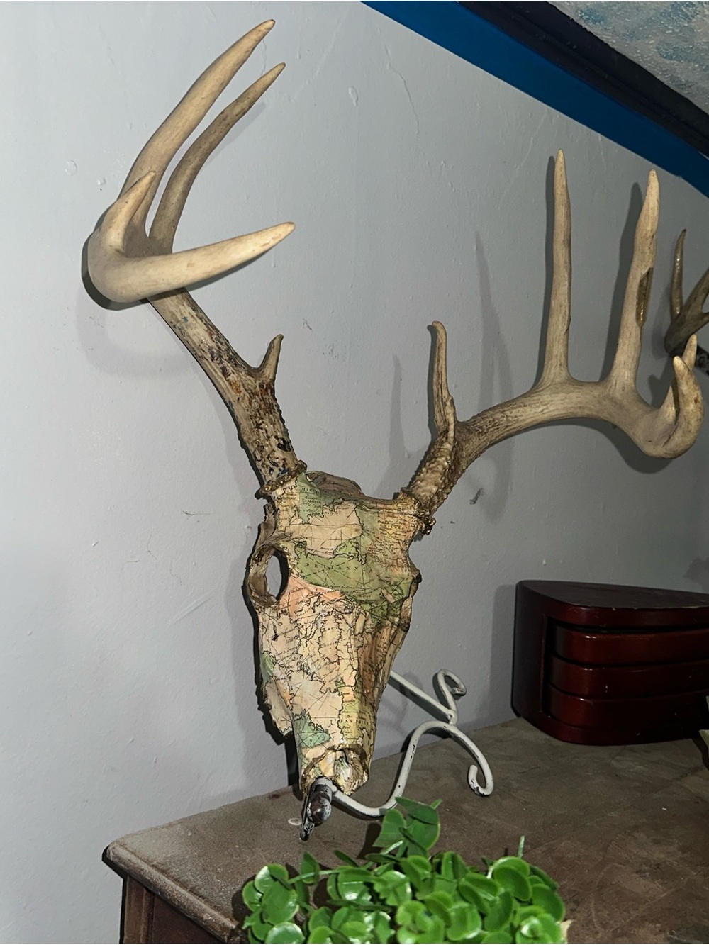 Hand Made Decorative Antler Wall Mount with Map-Decoupage Finish - Beige